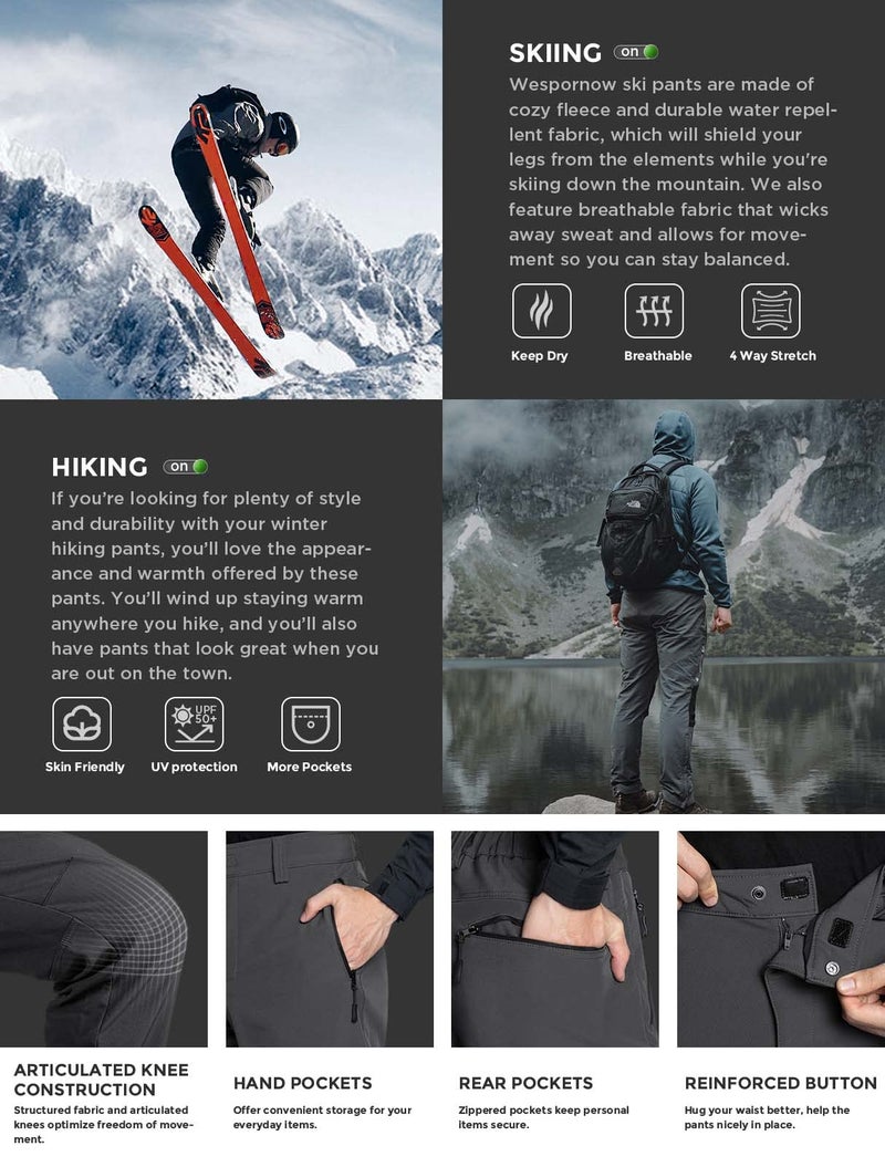 Wespornow Men's-Fleece-Lined-Hiking-Pants Water-Resistance-Snow-Ski-Pants Softshell Snowboarding Pants for Winter, Skiing, Outdoor (Grey, Large) - Image 5